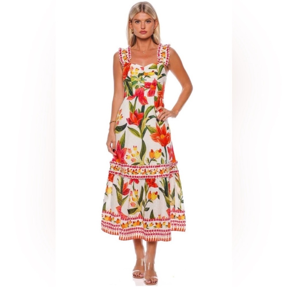 FARM Rio White Midi Dress with Red & Green Floral Print